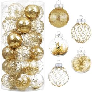 CristBest 30ct Christmas Ball Ornaments-60mm/2.36" Shatterproof Clear Plastic Xmas Balls Baubles Set with Stuffed Delicate Sparkling, Hanging Christmas Tree Decorations(Gold)