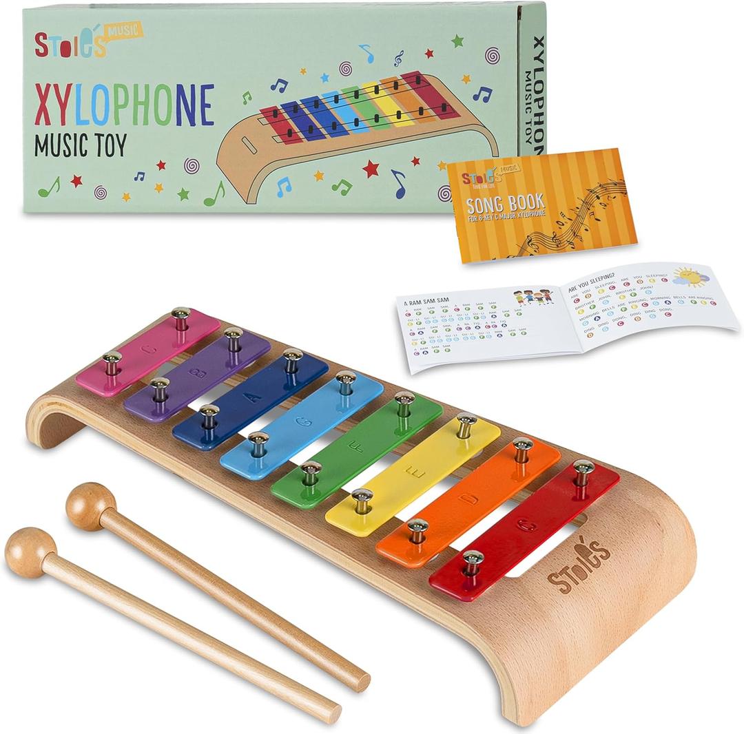 Stoie's Wooden Xylophone for Kids and Toddlers, Curved Design, 8 Notes of Rainbow Color, Tuned C-Key Xylophone with Mallets, Music Songbook, Kids Musical Instrument Educational Montessori Toys