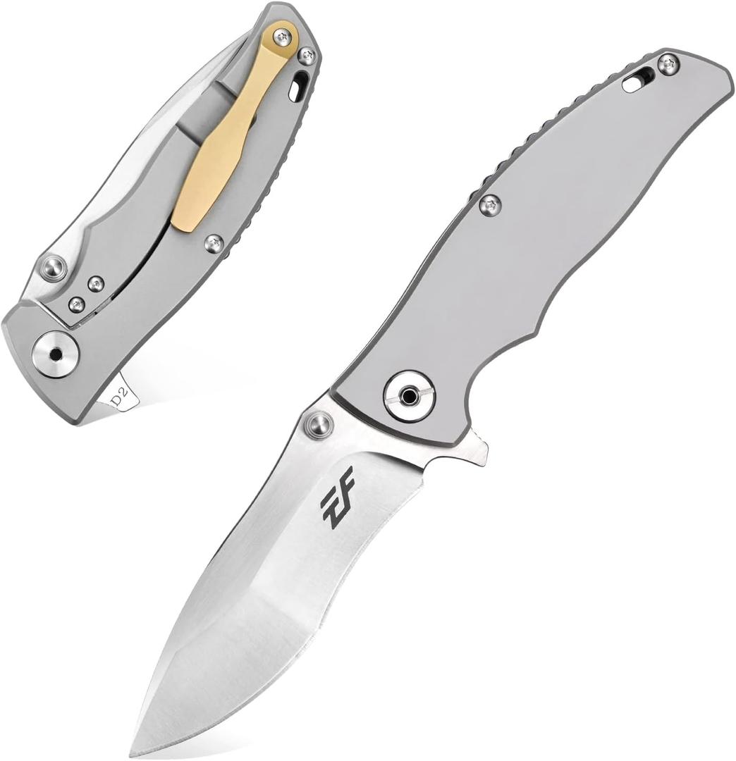 Eafengrow EF904 Cutlery Folding Pocket Knife D2 Blade Titanium Handles Tactical EDC Flipper Tool With Clip for Outdoor Camping Hunting(Frame lock)