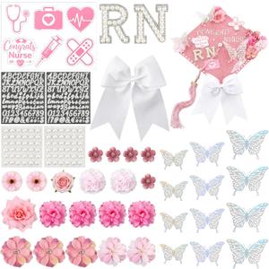 Gersoniel Nurse DIY Graduation Cap Decorations Kit Flower, Butterflies, Bow, Pearl Stickers, and Glitter Letter Number Decals