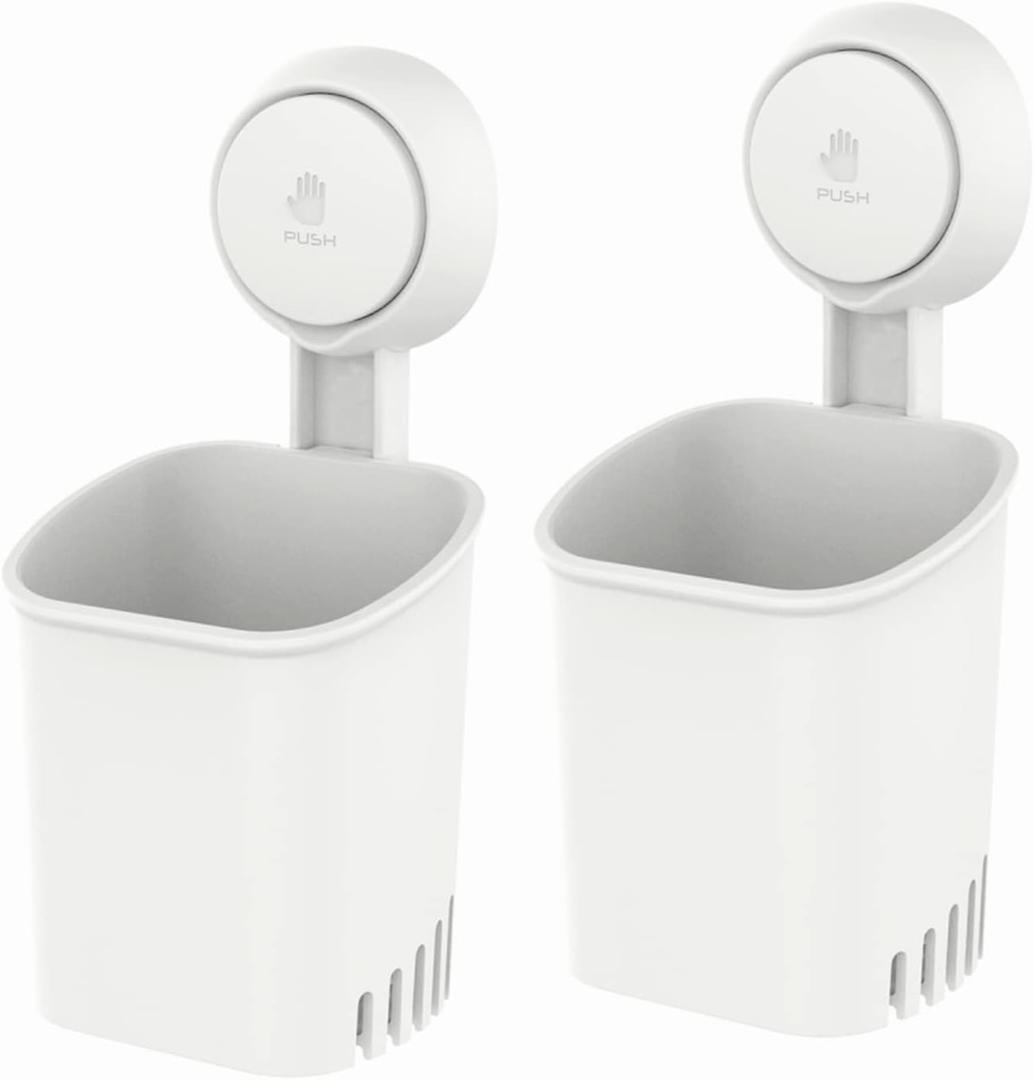 LEVERLOC Powerful Suction Toothbrush Holder, Removable Drill-Free Wall Shower Holder for Toothbrush, Toothpaste, Razor, Self-draining Suction Cup in Shower, Kitchen Tableware Organizer, White, 2 Pack