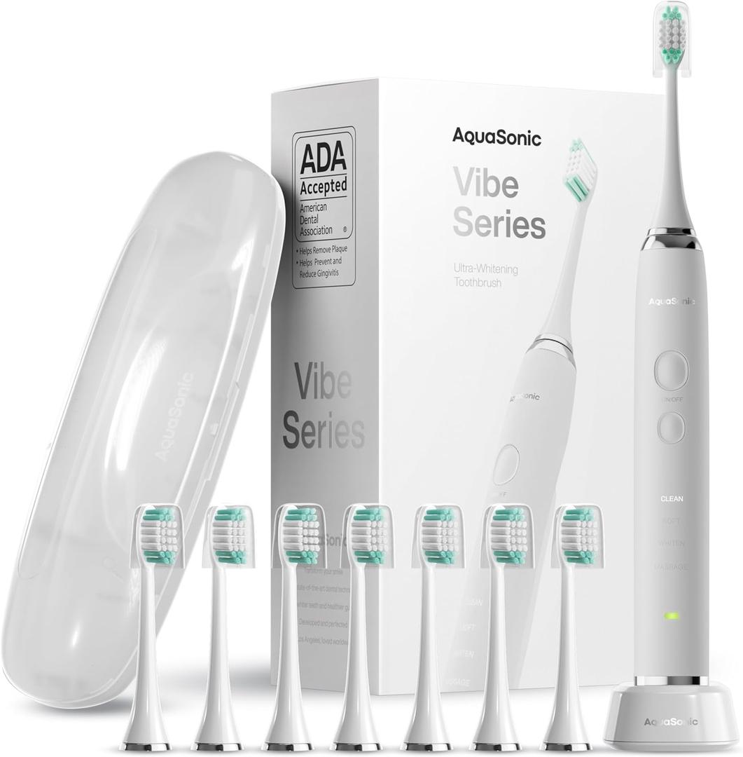 Aquasonic Vibe Series Ultra-Whitening Toothbrush ADA Accepted Electric Toothbrush -  4Brush Heads & Travel Case 40,000 VPM Motor & Wireless Charging - 4 Modes w Smart Timer Optic White