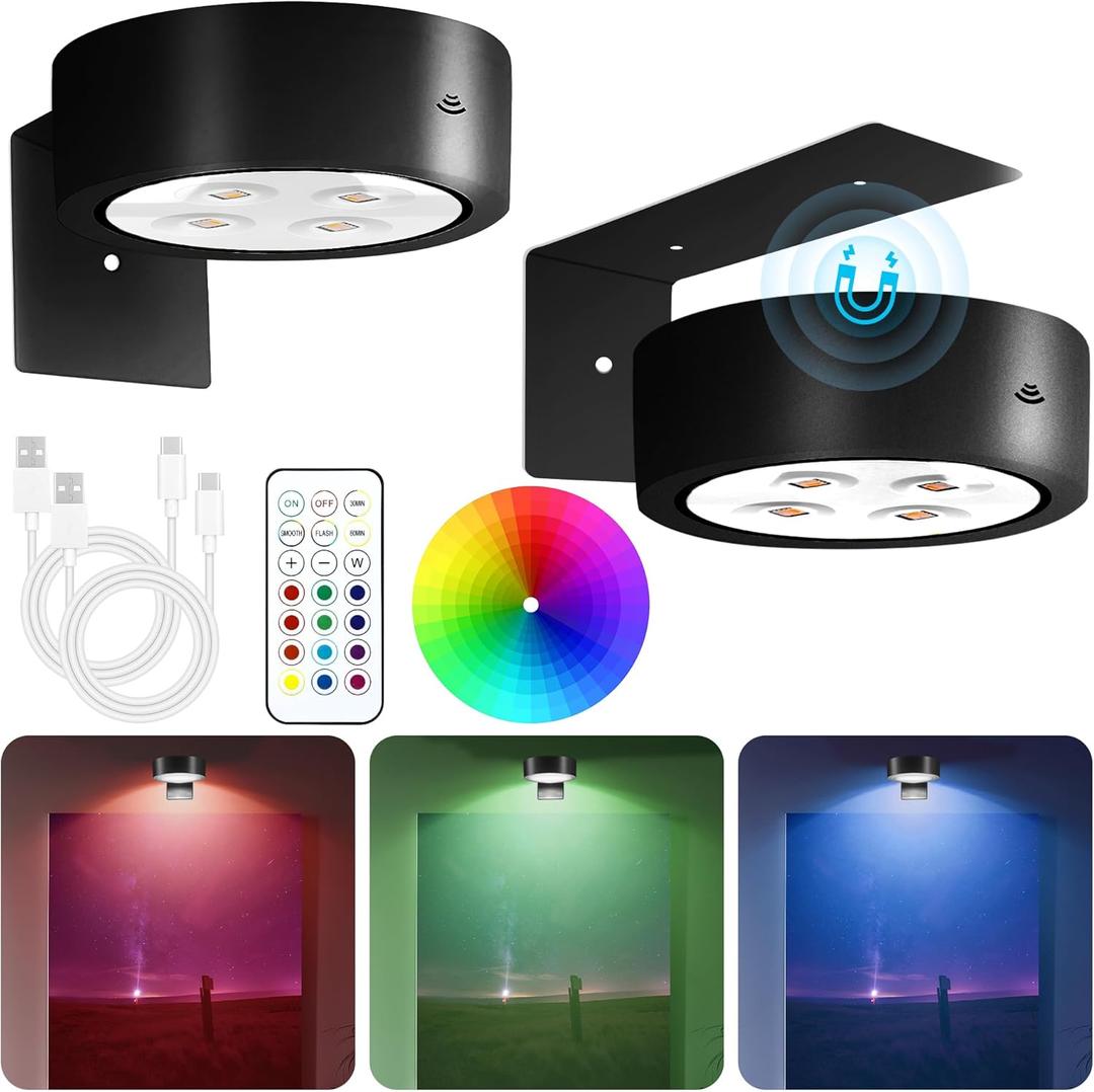 Rechargeable Battery Picture Light, RGB Color Changing Led Art Display Light for Picture Frame, Magnetic Painting Light with Remote Control, Wireless Home Wall Decorative Lighting, Pack of 2, Black