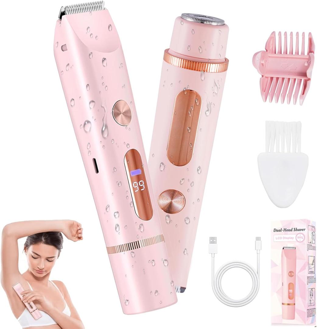 2 in 1 Bikini Trimmer for Women, Dual Head Electric Shaver with LED Display, IPX7 Waterproof Body Pubic Hair Trimmer Rechargeable Womens Electric Razor for Armpit Leg Body Facial Wet & Dry Use