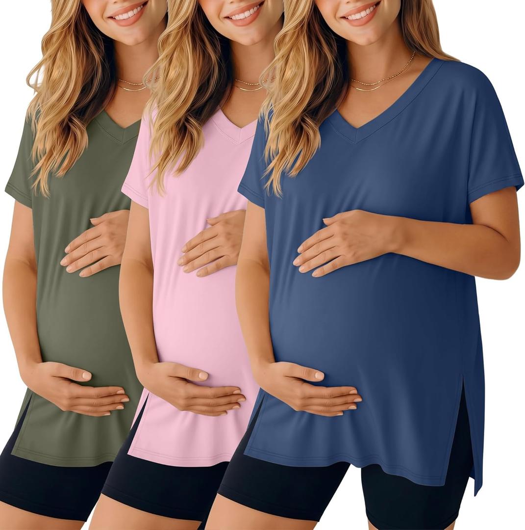 Ficerd 3 Pack Women's Maternity Shirts Short Sleeve Pregnancy T-Shirts V Neck Split Side Tops Casual Soft Maternity Clothes (Large, Army Green, Muted Pink, Hazy Blue)
