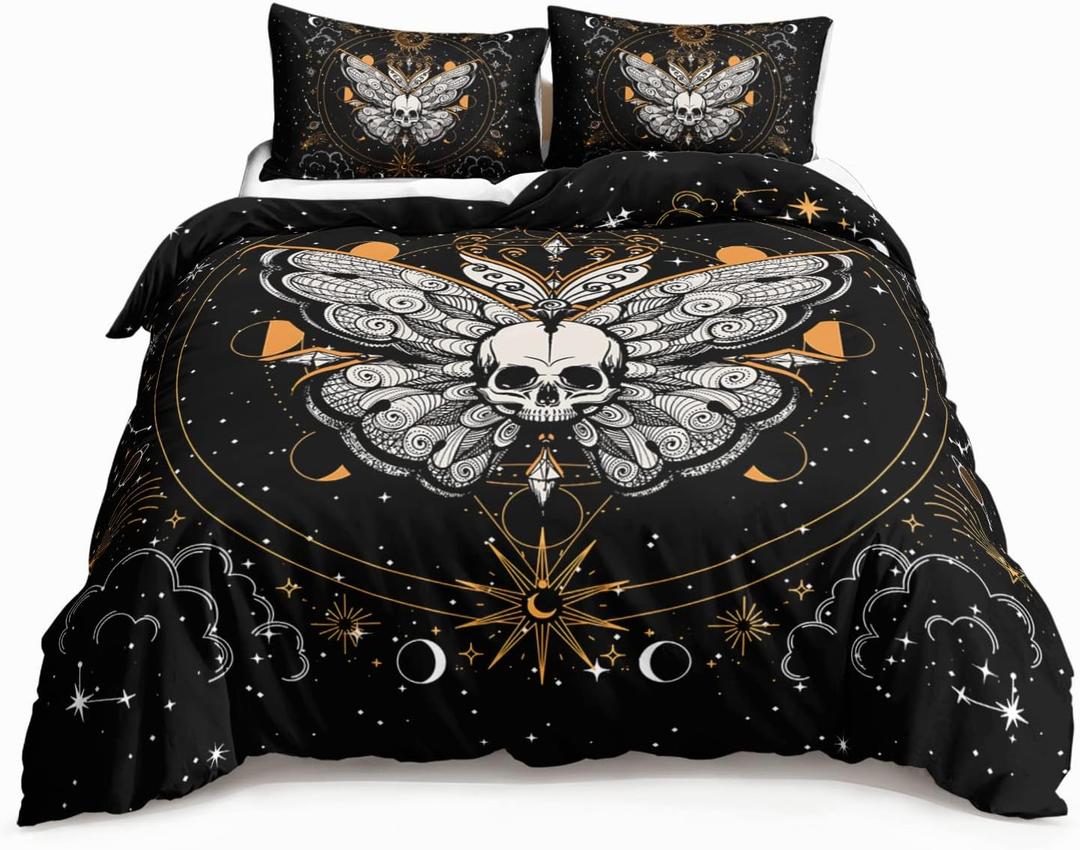 HOSIMA Butterfly Bedding Set for Girls Gothic Skull Boho Comforter Cover Decor for Bedroom, Sun and Moon Pattern Duvet Cover Twin Size.(No Comforter) (Twin 70"x86")