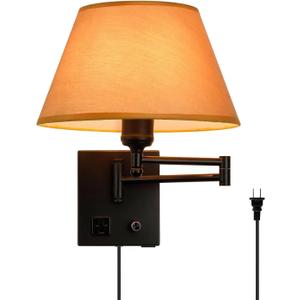 Swing Arm Wall Sconces, Plug-in Wall lamp, Bedroom Wall lamp, White Fabric Shade with dimmable Switch and USB Charging Port, Suitable for Bedside, Living Room, Reading (Black, Gold Shadow)