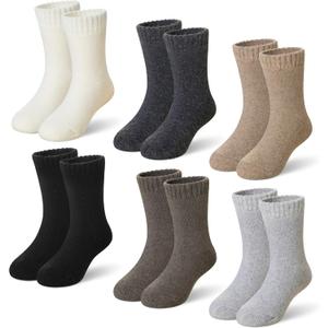 Eyean Kids Merino Wool Socks Boys Girls Thermal Winter Hiking Warm Thick Boot Cozy Toddler Crew Socks 6 Pairs (8-12 Years, Solid Color)