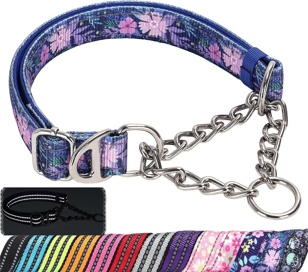 Martingale Dog Collar with Steel Chain, Reflective Choke Collar with Soft Padded- Adjustable No Pull with Bohemia Flower for Training Large Dogs Pet Collars for Walking XL