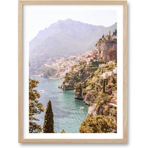 HesenDot Natural OAK Wood Framed Italy Coastal Wall Art,12x16in Amalfi Coast Canvas Wall Print,Positano Seascape Boho Poster Wall Decor for Living Room,Bedroom,Office Gallery Set of 1
