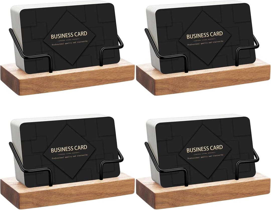 Amyhill 4 Pcs Wood Business Card Holder Display for Desk Metal Wooden Name Card Organizer Business Display Holders for Women Men Office Home Decoration(Wood Color)