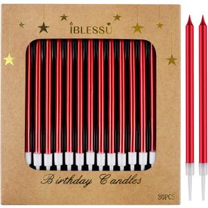 30 PCS Red Long Birthday Candles, Thin Metallic Cake Candles, Tall Glitter Cuppcake Candles in Holders for Birthday Wedding Party Decorations, 5.3 inches