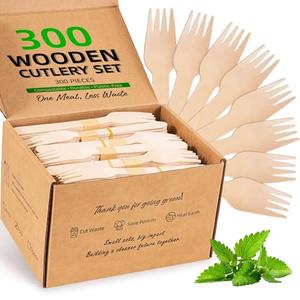 FEHHTO Disposable Wooden Utensils Set, Compostable Utensils, Disposable Cutlery Eco-Friendly Silverware Set for Parties, Catering, Office Lunches-300 PCS 6.2" Forks