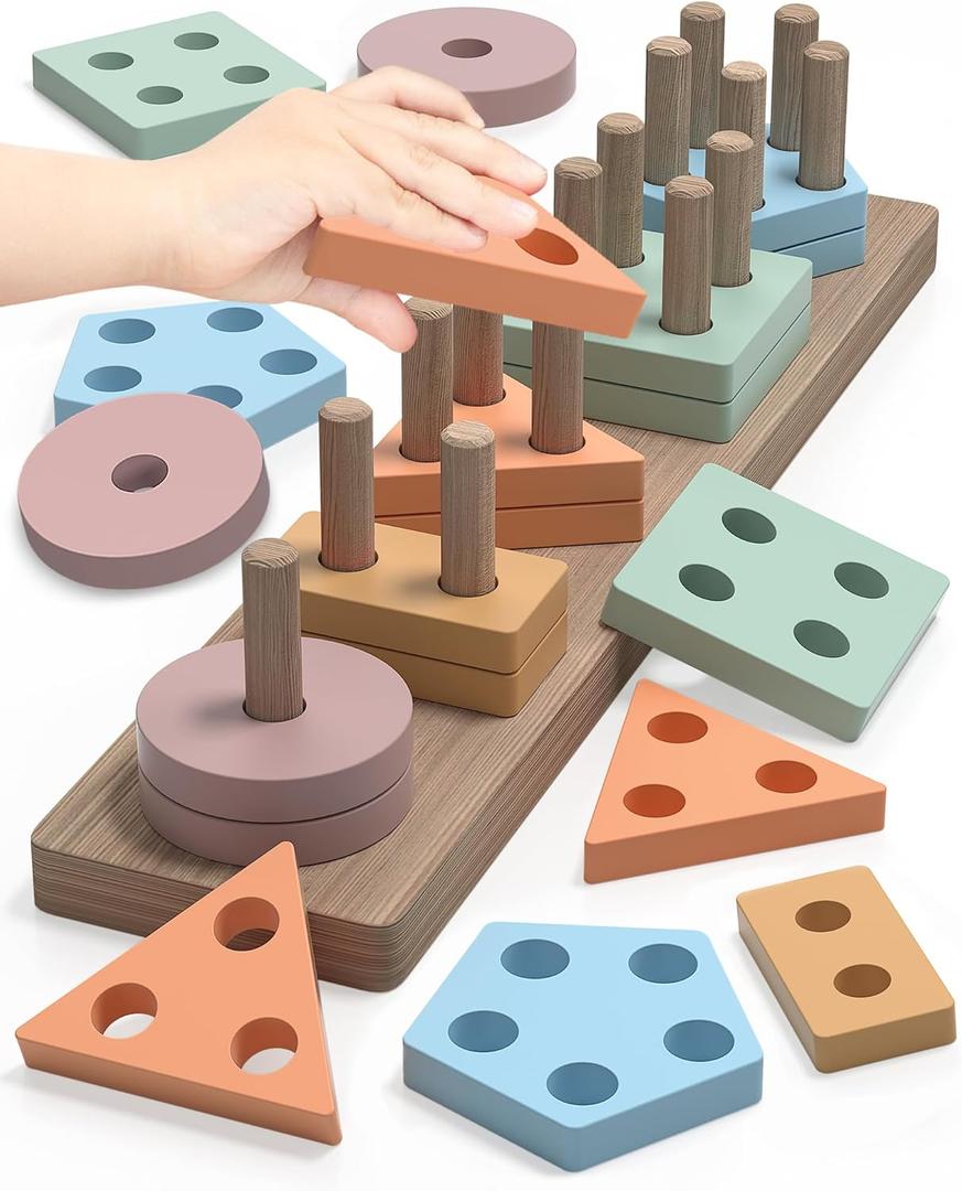 Montessori Toys for 1 2 Year Old Girl and Boy Birthday Gifts, Shape Sorter Wooden Toys for Toddlers Age 1-3 2-4, Learning Educational Sensroy Stacking Toddler Puzzles