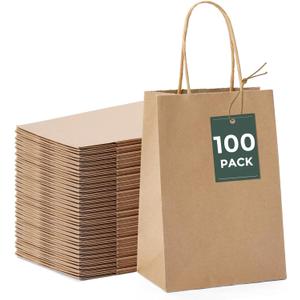 GSSUSA 100 Pack Paper Gift Bags 5.25x3.75x8'' Small Paper Bag with Handles Bulk, Brown Kraft Bag for Small Business, Sturdy Grocery Retail Shopping Birthday Party Favor Craft Bags (5.25X3.75X8 Inch (Pack of 100))