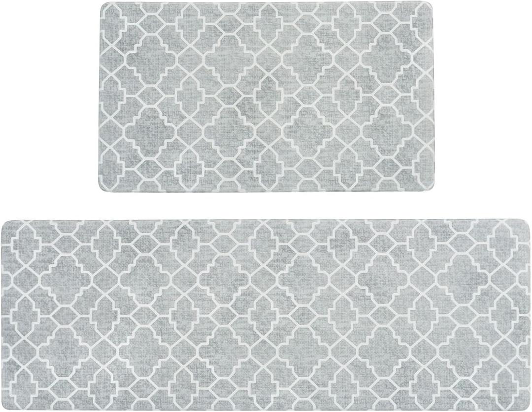 FRESHMINT Kitchen Mat Set of 2, Anti-Fatigue Cushioned Kitchen Mats for Floor, Waterproof Non Slip Comfort Standing Mat, Boho Kitchen Rug for Kitchen Decor, Sink, Office, 17"x30"+17"x47", Stone Gray