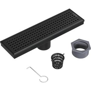 Neodrain 12-Inch Black Linear Shower Drain with Removable Quadrato Pattern Grate,Professional 304 Stainless Steel Rectangle Shower Floor Drains Manufacturer, Hair Strainer,Matte Black Linear Drain