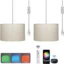 Hanging Lamp Plug in Pendant Light 2 Pack with Remote Control, 15Ft Hanging Lights with Plug in Cord Beige Lamp Shade Plug in Ceiling Light with Cord for Bedroom, Kitchen, Living Room, Dining Table