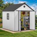 DWVO 8x8 FT Outdoor Storage Shed, Plastic Storage Shed with VisionWindow, Lockable Door & Floor, 16mm Heavy Duty All-Weather Tool Garden Shed with Vent for Patio Bike Lawn Mower Pool Supplies, Gray
