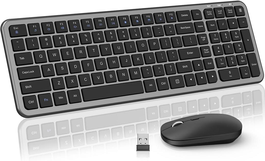 Wireless Keyboard Slim Compact Full Size Keyboard with Calculator Button, Silent Computer Mouse, Adjustable 2400 DPI, 2.4G USB Cordless Set Suitable for Laptop PC Windows Mac - Gray & Black