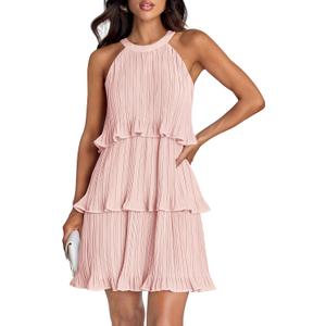 ZESICA Women's 2026 Summer Halter Cocktail Dresses Sleeveless Ruffle Tiered Chiffon Pleated Wedding Guest Mini Dress,
Pink, Medium