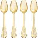 WDF 100 Piece Gold Plastic Spoons Disposable - 6.93 Inch Baroque Gold Spoons Plastic Silverware for Dessert Cake - Heavy Duty Plastic Spoons for Thanksgiving Party, Wedding or Daily Using