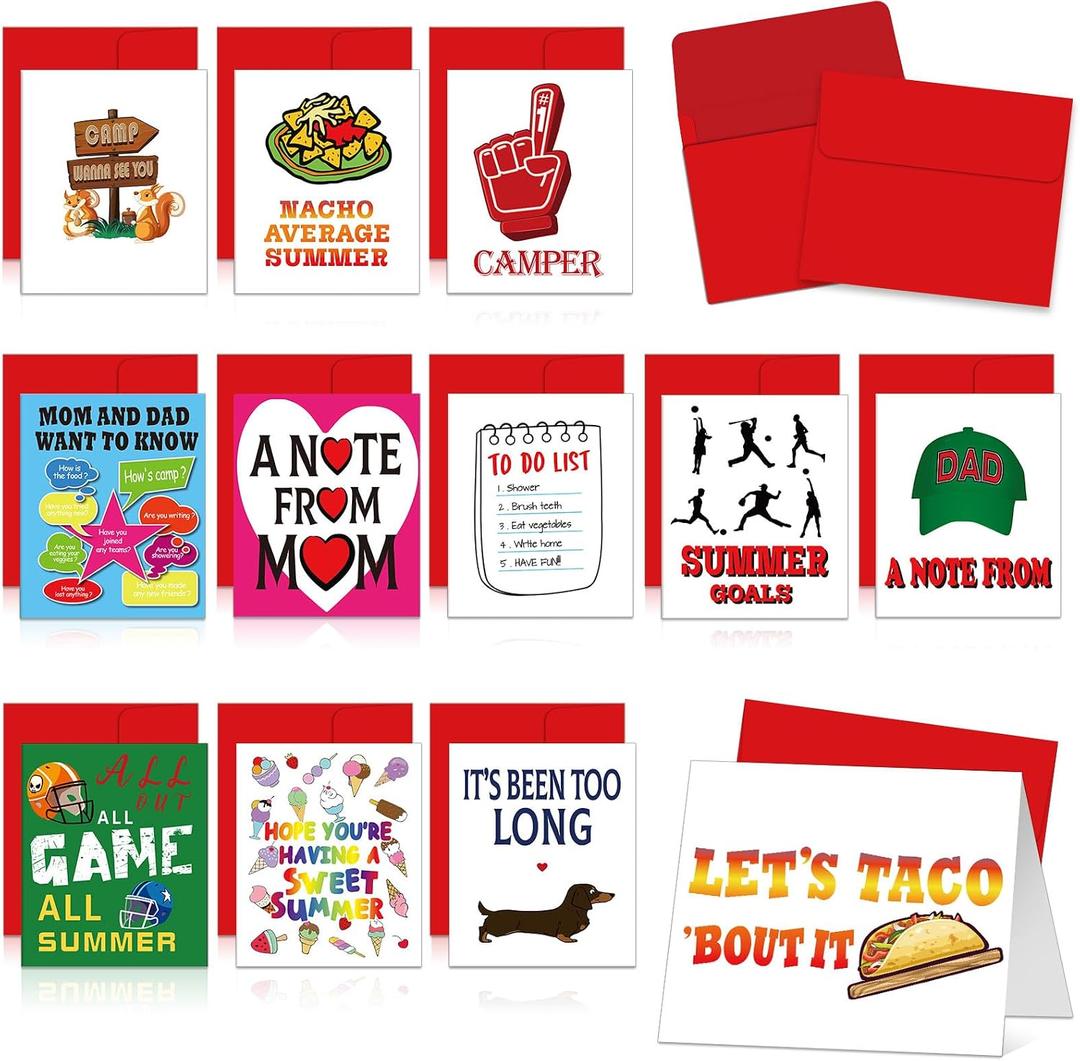 2 x 12 Pcs Camp Card for Kid Summer Camping Stationery from Parent | 12 Styles, Cards to Send Kids at Camp, From Parents, Summer Camp Letters, Red Envelopes Included, 7.08 x 11.81 inches