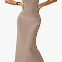 Womens Crochet Knit Slim Fit Beach Midi Wrap Dress Summer 2025 Sexy Halter Backless Slit Bathing Suit Cover Up (Small, Khaki)