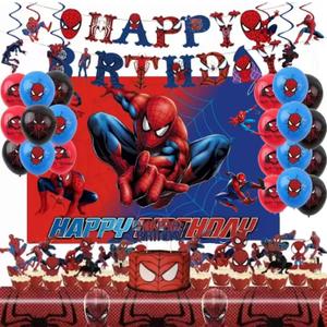 52pcs Spider Birthday Decorations Pack - Cartoon Spider Party Decorations Supplies with Balloons, Banner, Backdrop, Cake/Cupcake Toppers, Hanging Swirls & Tablecloth