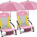 Folding Beach Chair with Umbrella for Adults, 2 Pack Portable Low Beach Chairs with 300lbs Capacity, Lightweight Fodable Camping Chair for Travel, Picnic, Concert & Outdoor Activities,Pink-Yellow, 27.5 x 22 x 20 inches