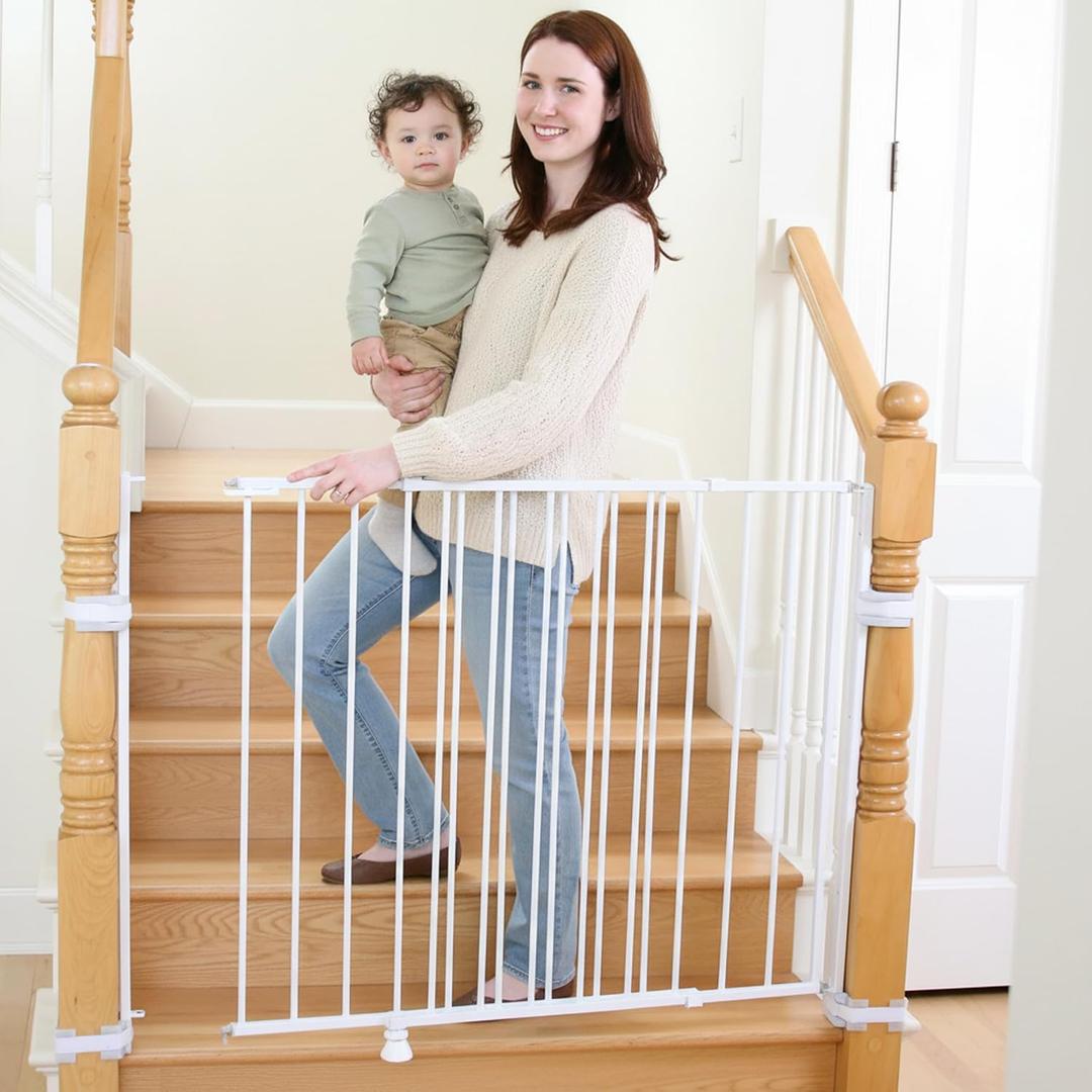 Regalo Safety 35" Extra Tall Baby Gate for Stairs, Wall Mounted 2-in-1 Wide Stair Gate for Babies, Toddlers, & Pets, Includes Banister and Wall Mounting Kit, White