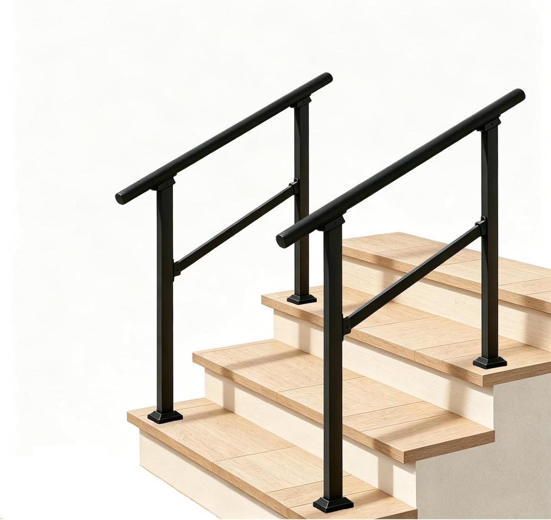 Hand Rails for Outdoor Steps，Stair Handrail & Indoor Stair Railing Kit，Railings for Outdoor Steps for Fence & Outdoor Steps (2, Black-Straight, 3 Step)