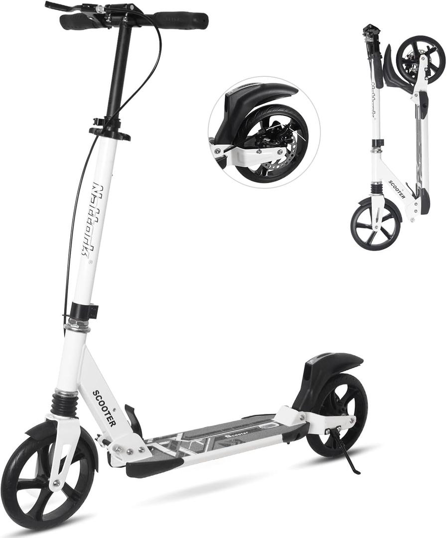 Nattork Scooter for Kids 8-12, Teens and Adults- Adjustable Height Folding Kick Scooter with Large Sturdy Wheels for a Smooth Ride, Lightweight, Anti-Shock Suspension (Pro-Silver Mist (Disc-Brake Version))