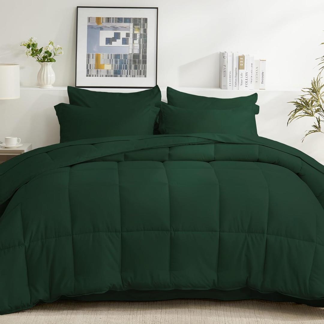 COZYART Full Comforter Set 7 Pcs, Deep Green Bed in a Bag, All Season Lightweight Soft Reversible Bedding Set, 1 Comforter, 1 Flat Sheet, 1 Fitted Sheet, 2 Pillow Shams, 2 Pillowcases