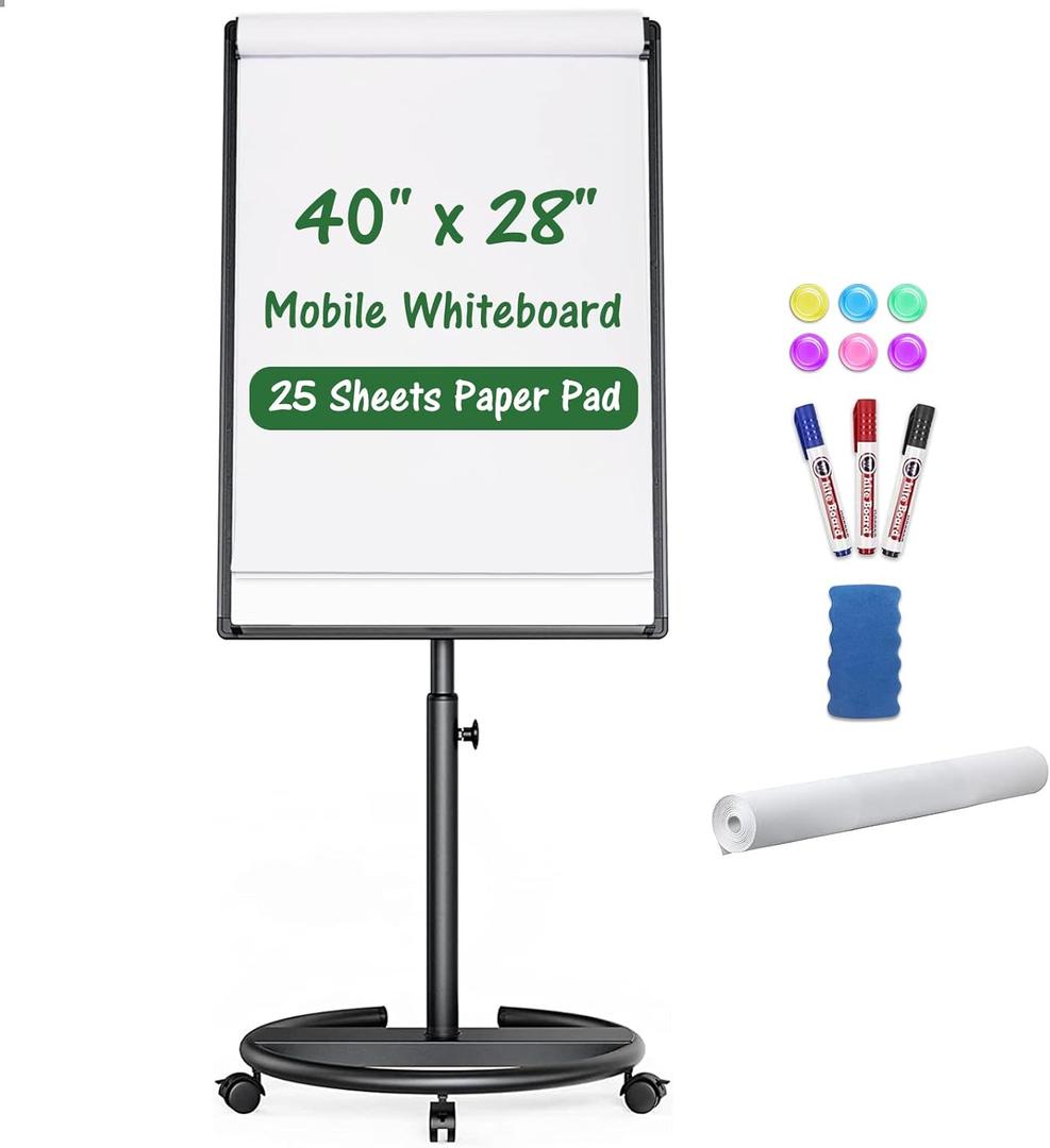Mobile Whiteboard, Magnetic Dry Erase Board with Stand 40x28 inch, Height Adjustable Flipchart Easel Movable Rolling Stand White Board on Wheels with Dry Erase Markers, Magnets, Eraser (Black)