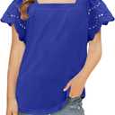 Yoklass Girls Casual Shirts Square Neck Ruffle Sleeve Tops Solid Loose Blouses (Blue, XXL)