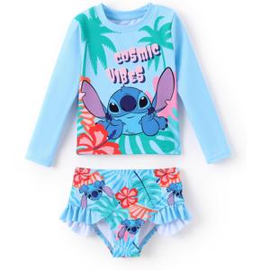 Disney Lilo & Stitch Two Piece Tankini Swimsuit Girl Long Sleeve Rashguard Bathing Suit Set UPF 50+ Beach Pool Swimwear Holiday Blue Size 8-9 Years