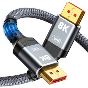 Capshi 8K 4K DisplayPort Cable 1.4, 35FT DP Cord (VESA Certified, 8K@60Hz, 4K@144Hz, 2K@240Hz/165Hz), 32.4Gbps High Speed Display Port Cable for Gaming Monitor, HDR/FreeSync/G-Sync, Braided, Grey