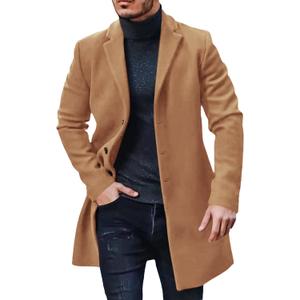 PASLTER Mens Trench Coat Slim Fit Notched Collar Fall Winter Single Breasted Pea Coat Warm Soft Overcoat (XL)