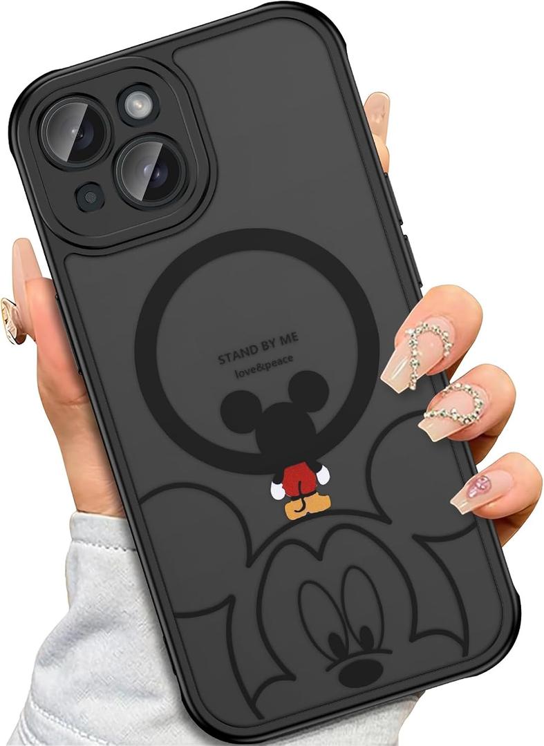 Case for iPhone 14 [Compatible with MagSafe], Cute Design Magnetic Black Translucent Frosted Matte Soft TPU Bumper Hard PC Back Protective Case with Camera Protection - B-Mic