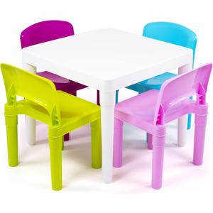 Humble Crew Kids Plastic Table and Chair Set, Toddler Activity Table with 4 Chairs, Lightweight Easy-Clean Kids Desk for Play, Snacks & Crafts, Indoor Outdoor Playroom Furniture, White/Pastel