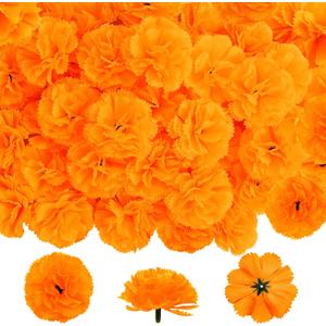M&C Music Color Marigold Flowers Heads Bulk, 50Pcs Silk Marigold Flowers Artificial for Decoration DIY Wreath Garland Craft Wedding Party Baby Shower Decoration Halloween Christmas (Orange)