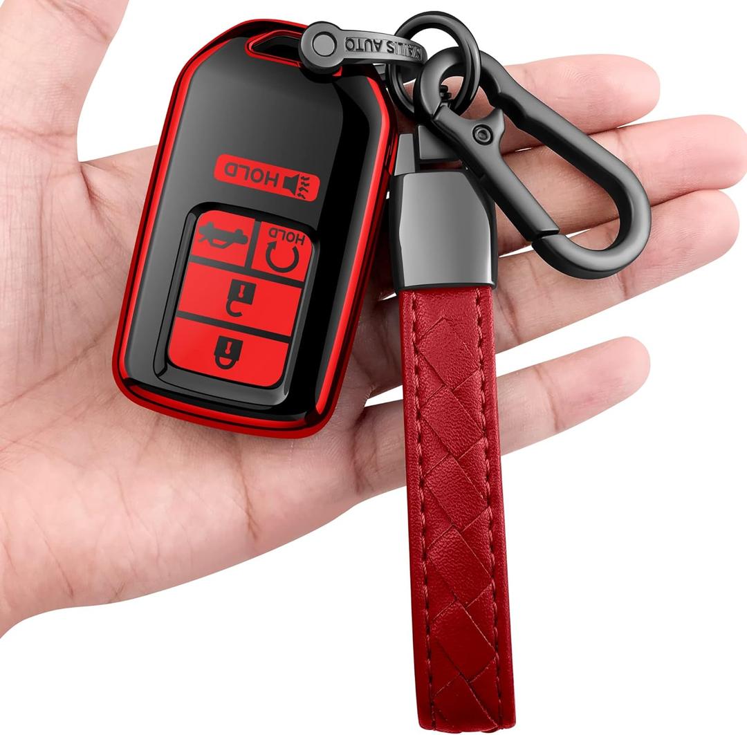Sindeda for Honda Key fob Cover with Leather Keychain,Soft TPU Full Cover Protection,Key fob case Compatible Honda Accord Civic CRV Pilot Odyssey Passport Smart Remote KeyKey Fob Shell Red