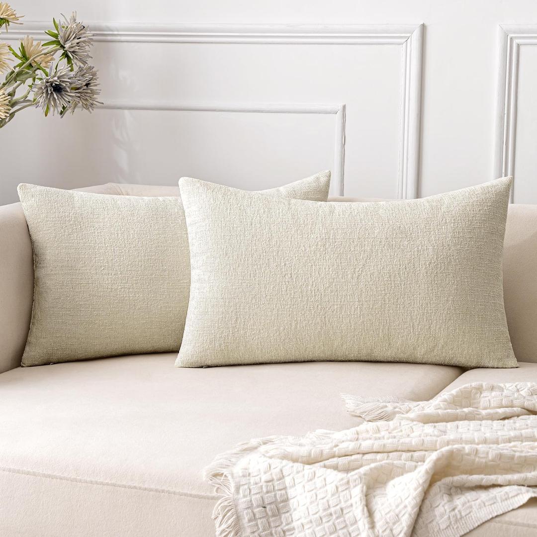 EMEMA Throw Pillow Covers 12x20 Inch Pack of 2 Soft Chenille Decorative Couch Pillow Covers Modern Solid Dyed Pillowcases Farmhouse Home Decor Cream(Only Covers)