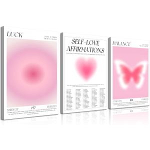 3Pcs Pink Gradient Aura Canvas Wall Art Trendy Abstract Angel Number Positive Affirmation Spiritual Posters Prints Aesthetic Wall Decor Pictures for Living Room Bedroom Decoration, 12x16in