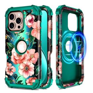 Hekodonk for iPhone 16 Pro Max Case Magnetic,[Compatible with MagSafe] Floral Three Layer Heavy Duty Drop Shockproof Full Protective Women Girls Case for Apple iPhone 16 Pro Max 6.9 inch,Green/Black