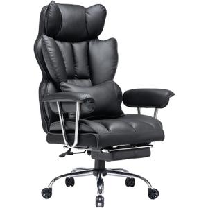Efomao Desk Office Chair 400LBS, Big and Tall Office Chair, PU Leather Computer Chair, Executive Office Chair with Leg Rest and Lumbar Support, Black Office Chair