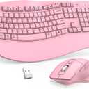 Wireless Keyboard and Mouse Combo, 2.4G Full Size Wave Keys Ergonomic Keyboard with Wrist Rest and 3-Level DPI Adjustable Wireless Ergonomic Mouse for Windows, Mac OS Desktop/Laptop/PC(Pink)