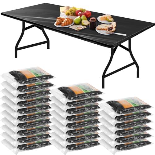Boao 24 Pcs Black Plastic Rectangular Tablecloths, 6 Ft, 72 x 30 Inch, Windproof, Waterproof, Elastic Fitted, Disposable & Reusable, Ideal for Indoor/Outdoor, Camping, Picnic, Parties