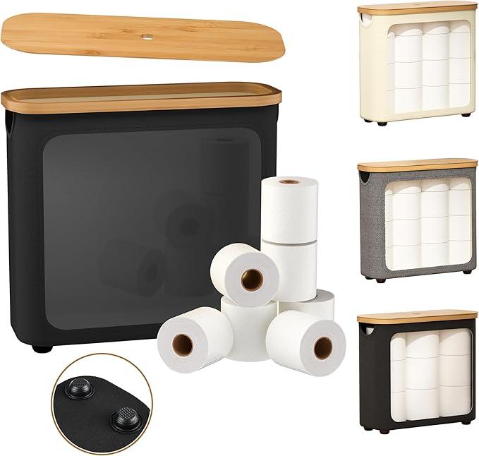 LONBET Toilet Paper Storage for 12 Rolls, Stackable & Foldable - The Ultimate Bathroom Organizer - Waterproof Basket with Bamboo Lid - Elegant Toilet Paper Storage Holder, Black